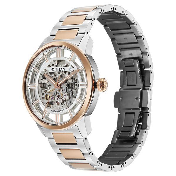 Titan See-Through Skeletal Automatic Analog with White Dial Bimetal Rose Gold & Steel Strap Watch for Men - image number 2
