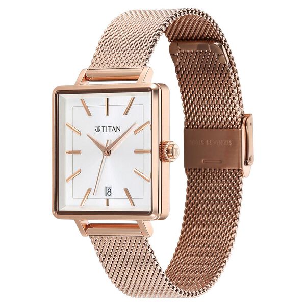 Titan Minimalists Quartz Analog with Date Silver Dial Rose Gold Stainless Steel Strap Watch for Women - image number 2