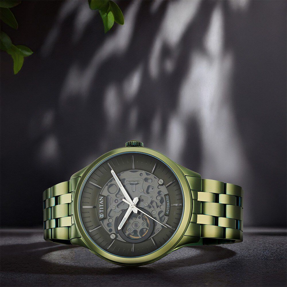 Titan Metal Mechanicals Black Dial Green Stainless Steel Strap Watch for Men-image-17