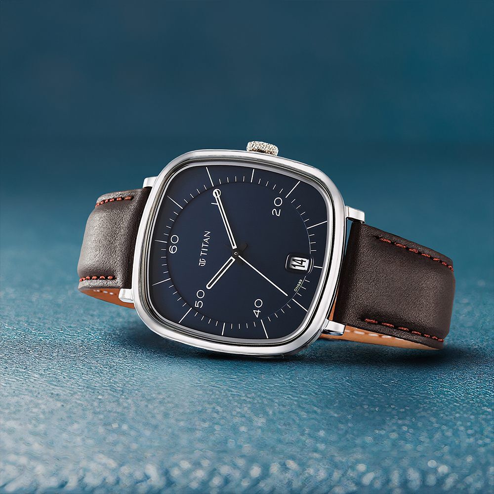 Titan Neo Curve Quartz Analog with Date With Date Blue Dial Brown Leather Strap Watch for Men