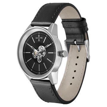Sonata Quartz Multifunction Black Dial Leather Strap Watch for Men