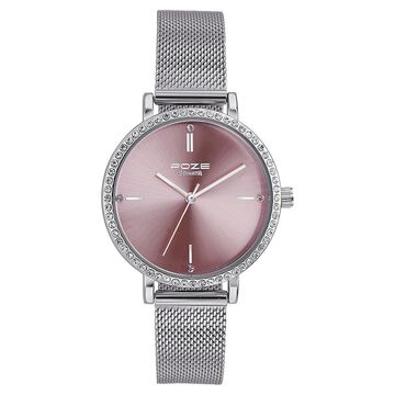 Sonata Poze Quartz Analog Pink Round Dial Silver Mesh Strap Watch For Women