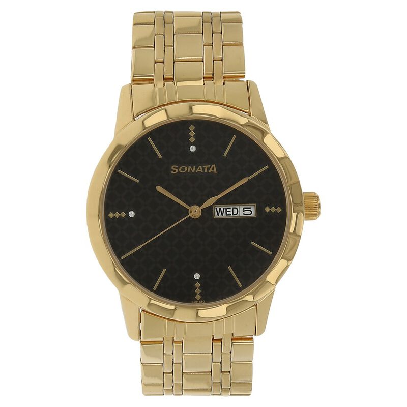 Sonata Quartz Analog with Day and Date Black Dial Stainless Steel Strap Watch for Men