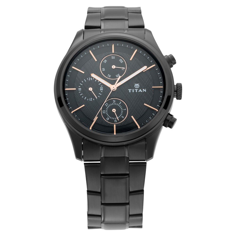 Titan Men's Metropolitan Charm: Men's Multifunctional Black Watch with  Metallic Accents