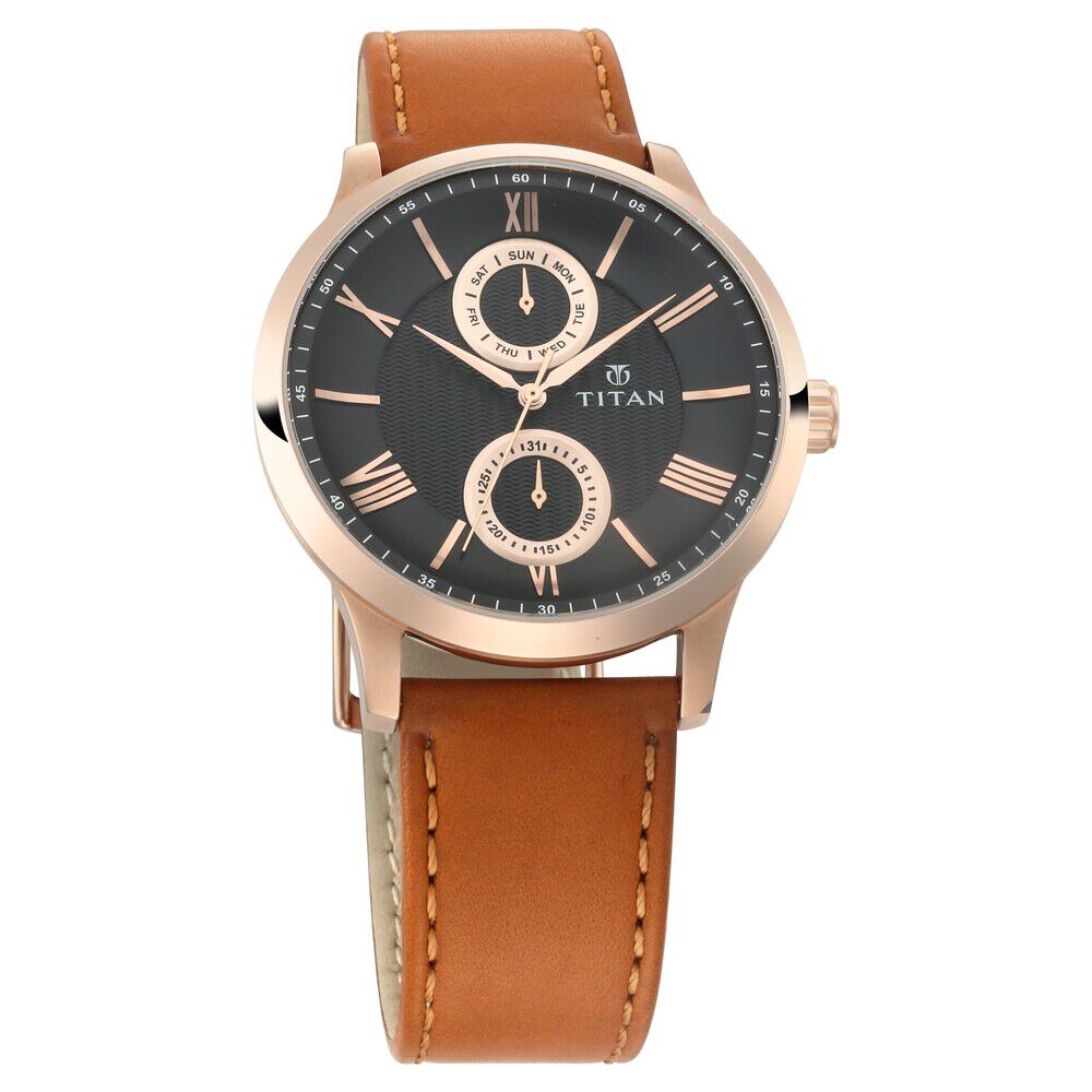 Buy Online Titan Quartz Multifunction Black Dial Leather Strap