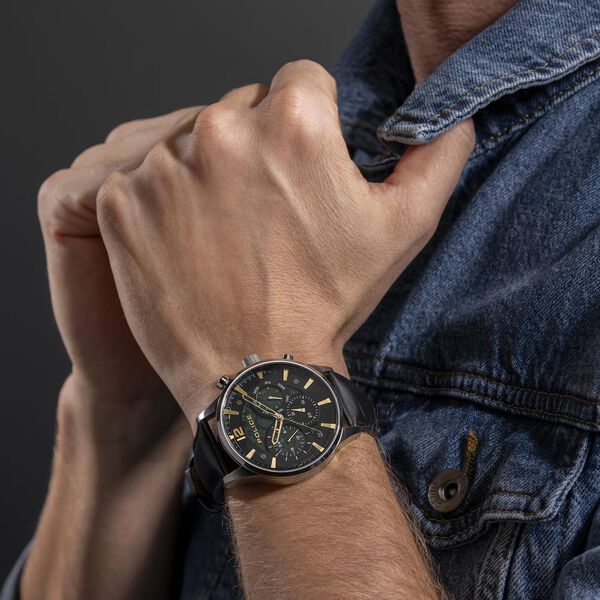 Police Quartz Multifunction Green Dial Black Leather Strap Watch For Men - image number 4