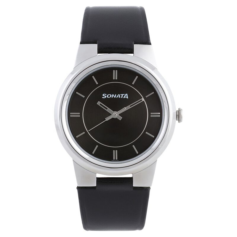 Sonata Quartz Analog Anthracite Dial Leather Strap Watch for Men