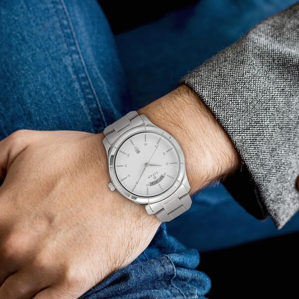 Titan Workwear White Dial Analog with Day and Date Stainless Steel Strap  watch for Men