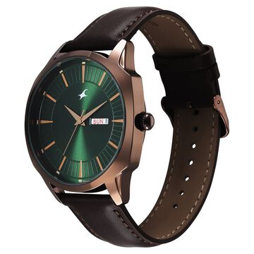 Fastrack Stunners Quartz Analog Green Dial Brown Leather Strap Watch For Guys