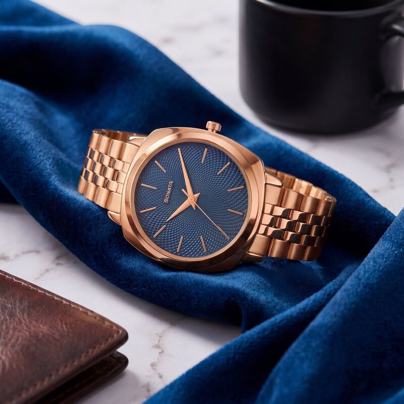 Sonata Vector Blue Dial Rose Gold-Tone Bracelet Watch for Men