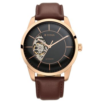 Titan Automatic Sectoral Black Dial Brown Leather Strap Watch for Men