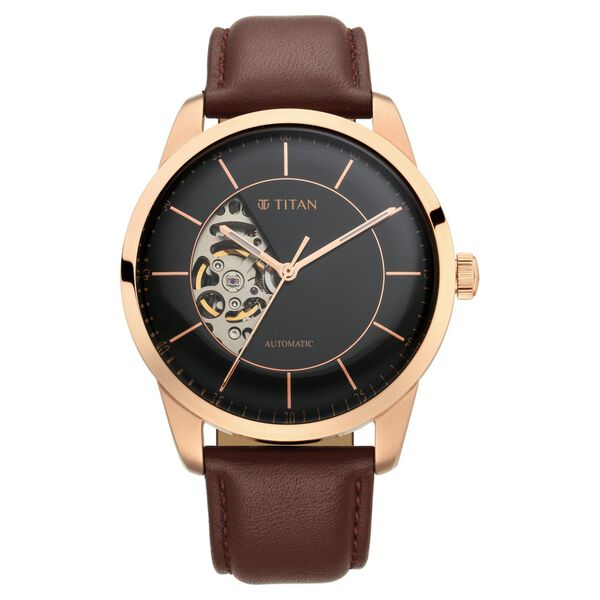 Titan Automatic Sectoral Black Dial Brown Leather Strap Watch for Men - image number 2