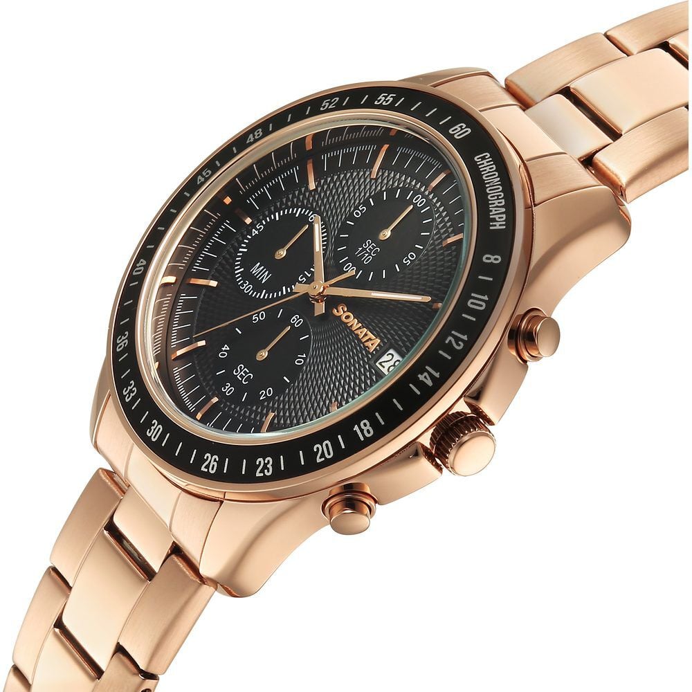 Buy Online Sonata Chronos Quartz Analog with Date Black Dial Rose