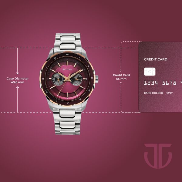Titan Regalia Opulent Two-Eye Multifunction Burgundy Panda Dial Stainless Steel Strap Watch For Men - image number 3