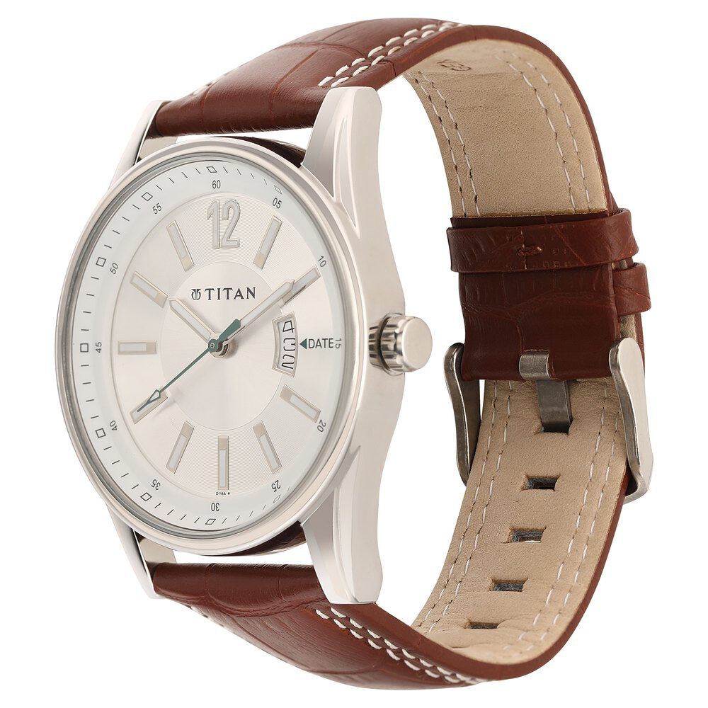 Buy Online Titan Silver Dial Analog with Date Leather Strap watch