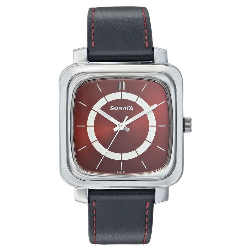 Sonata Quartz Analog Red Dial Leather Strap Watch for Men