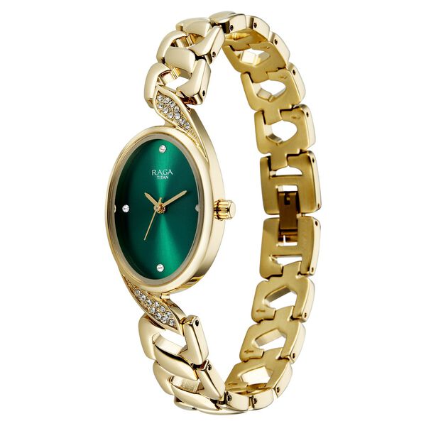 Raga Showstopper Quartz Analog Green Dial Golden Metal Strap Watch For Women - image number 2