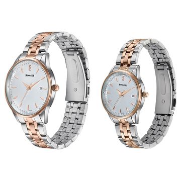 Sonata Jashn Quartz Analog White Dial Two Toned Metal Strap Watch For Couple