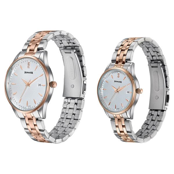Sonata Jashn Quartz Analog White Dial Two Toned Metal Strap Watch For Couple - image number 2