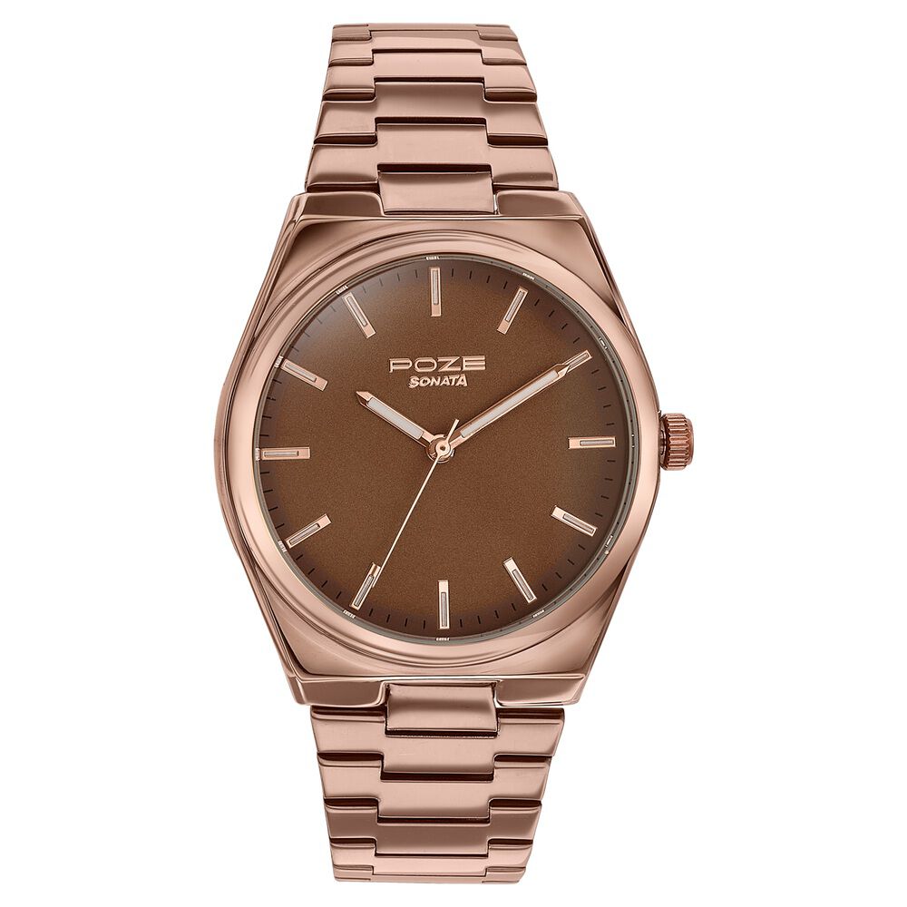 Buy Online Sonata Poze Quartz Analog Brown Dial Brown Metal Strap