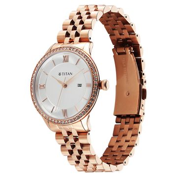 Titan Purple Prestige Quartz Analog with Date White Dial Rose Gold Stainless Steel Strap Watch For Women