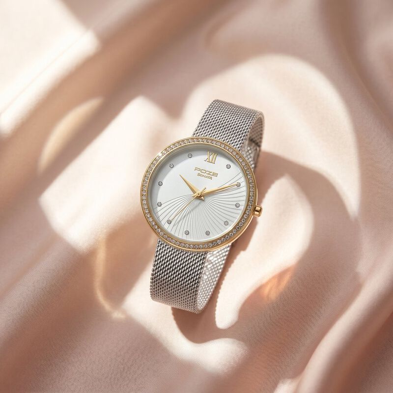 Poze By Sonata Quartz Analog White Dial Silver Metal Plated Strap Watch For Women