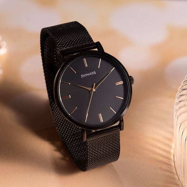Sonata Quartz Analog Black Dial Black Stainless Steel Strap Watch For Women - image number 0