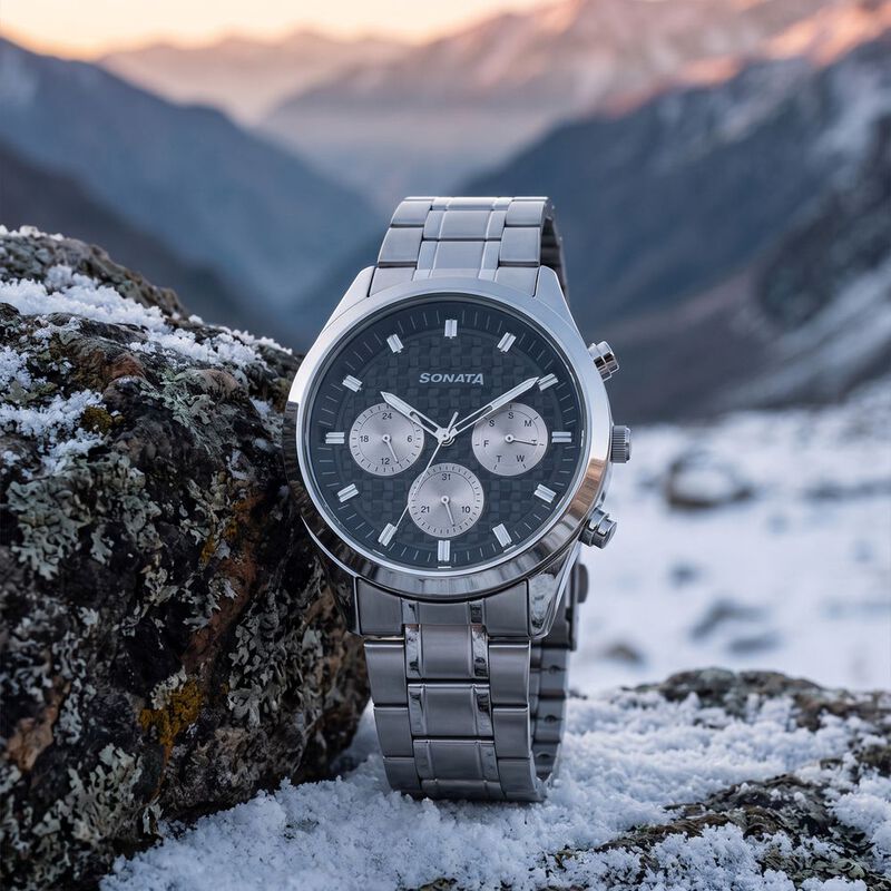 Sonata Multifunction Black Dial Silver Metal Strap Watch For Men