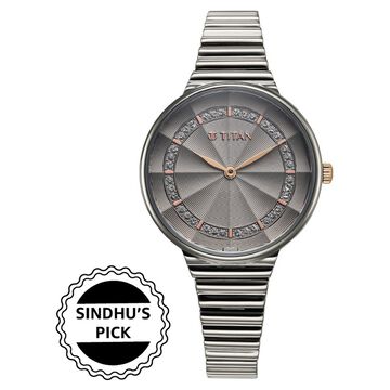 Titan Aura Quartz Analog Grey Dial Stainless Steel Strap Watch for Women