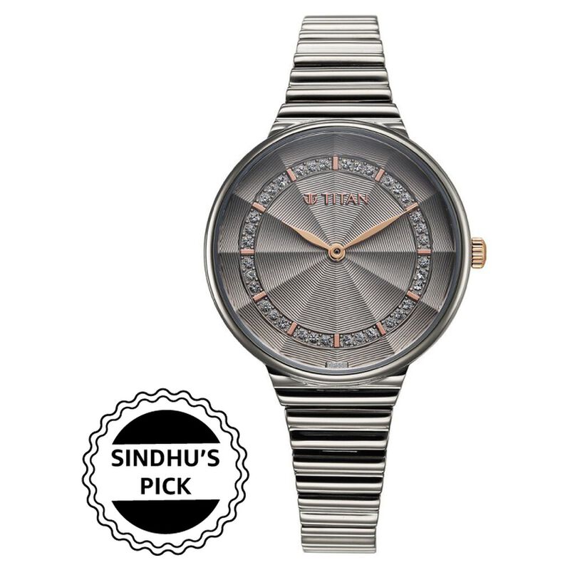 Titan Aura Quartz Analog Grey Dial Stainless Steel Strap Watch for Women