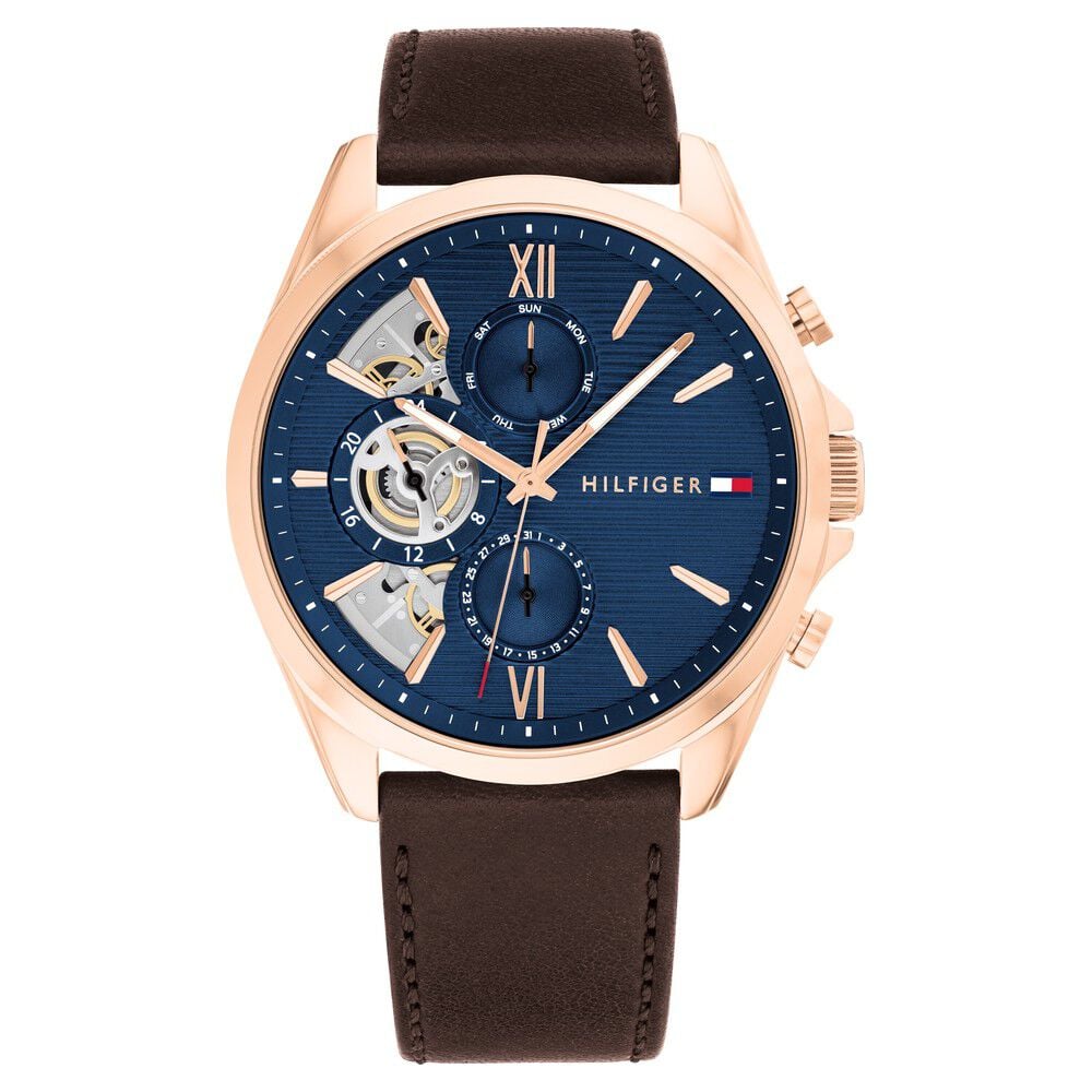 Tommy Hilfiger Multifunction Blue Dial Brown Color Leather Strap Watch For Men-image-3