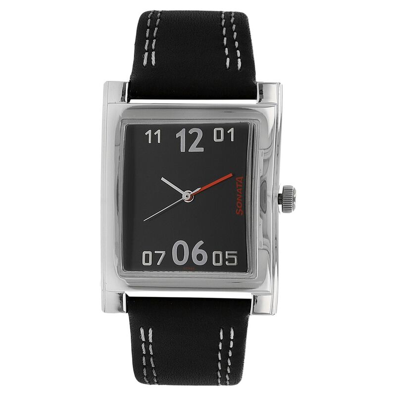 Sonata Quartz Analog Black Dial Leather Strap Watch for Men