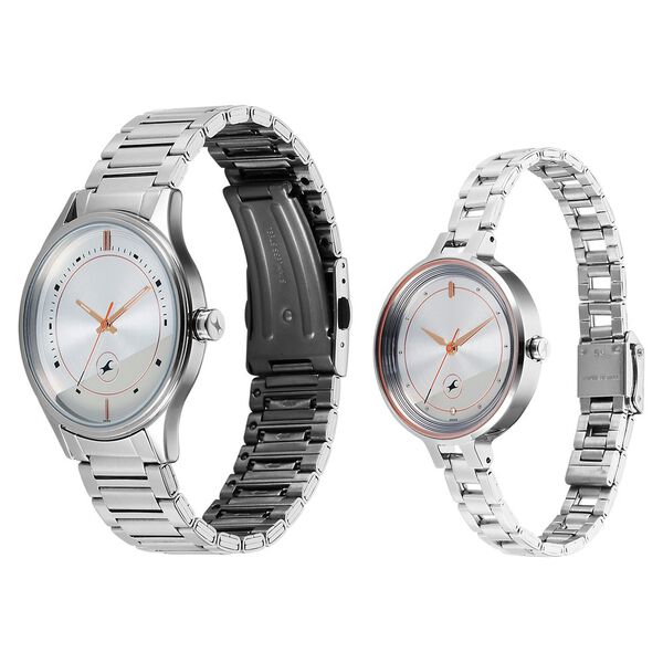 Fastrack Mixmatched Quartz Analog Silver Dial Silver Stainless Steel Strap Watch For Couple - image number 2