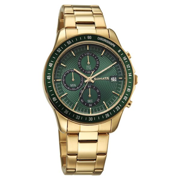 Sonata Chronos Quartz Analog with Date Green Dial Golden Colour Stainless Steel Strap Watch For Men - image number 1