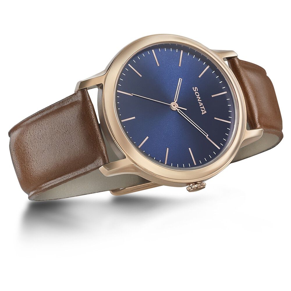 Buy Online Sonata Beyond Gold Quartz Analog Blue Dial Leather