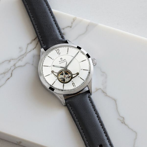 Titan Automatic Champagne Dial Indigo Leather Strap Watch for Men - image number 0