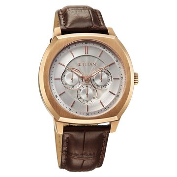Titan Regalia Arc Analog with Day Date Second Subdial and Silver Dial Brown Leather Strap Watch for Men
