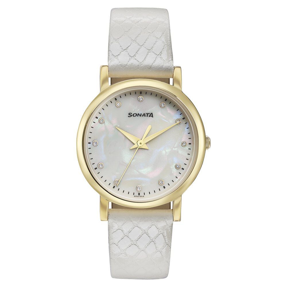 Sonata Glam Gold Quartz Analog Off White Dial Leather Strap Watch For Women-picture-15