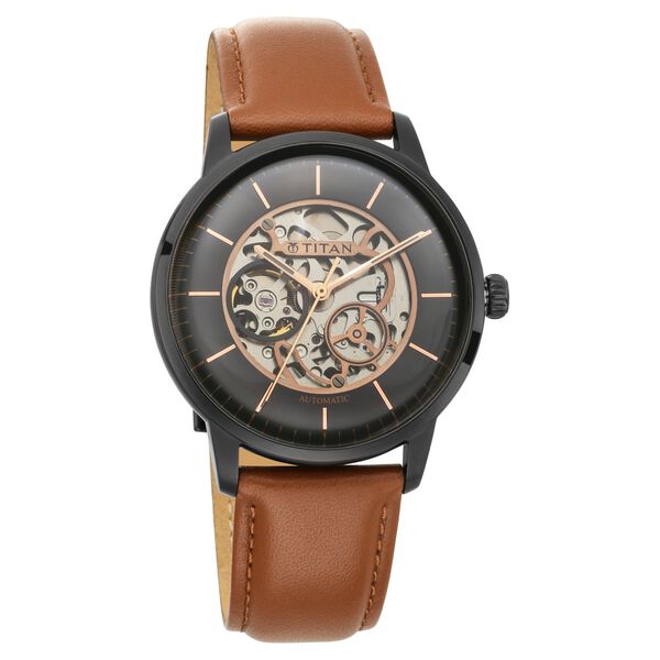 Titan Automatics Black Dial Tan Leather Strap Watch - image number 0