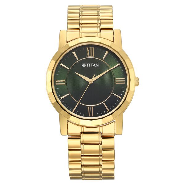 Titan Karishma Zing Quartz Analog Green Dial Golden Stainless Steel Strap Watch For Men - image number 0