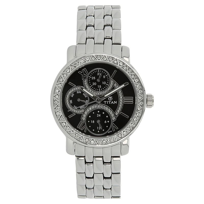 Titan Quartz Analog with Day and Date Black Dial Stainless Steel Strap Watch for Women