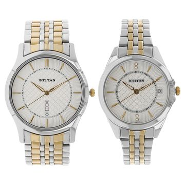 Titan Quartz Analog with Day and Date Silver Dial Stainless Steel Strap Watch for Couple