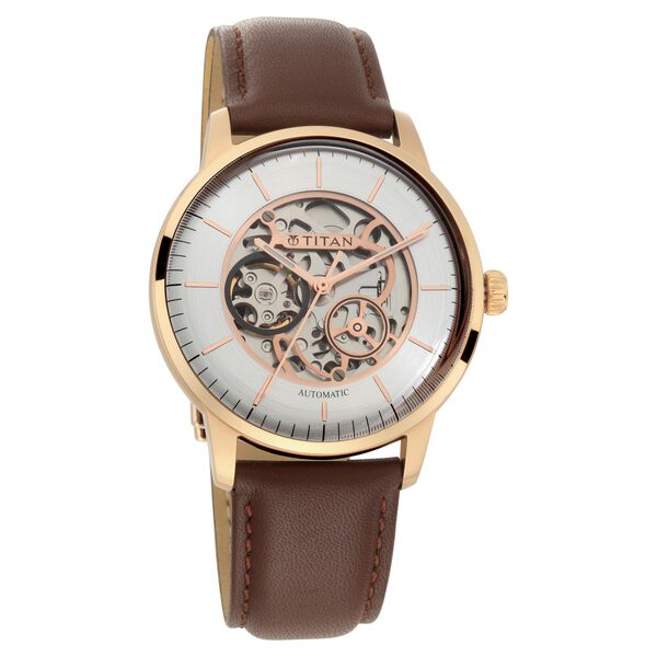 Titan Automatic Silver Dial Brown Leather Strap Watch for Men - image number 1