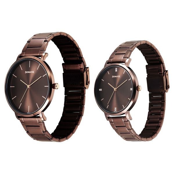 Sonata Soulmate Quartz Analog Brown Dial Brown Stainless Steel Strap Watch For Couple - image number 1