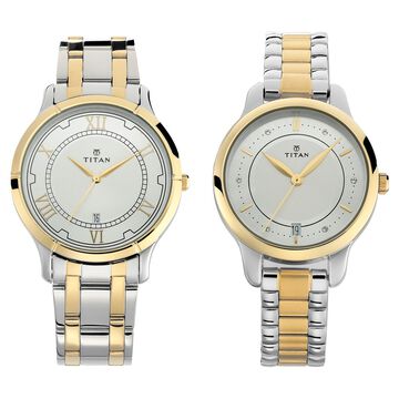 Titan Bandhan Quartz Analog with Date Silver Round Dial Two Toned Stainless Steel Strap Watch For Couple