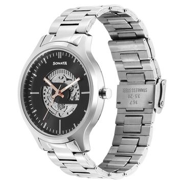 Sonata Unveil Quartz Multifunction Black Dial Stainless Steel Strap Watch for Men