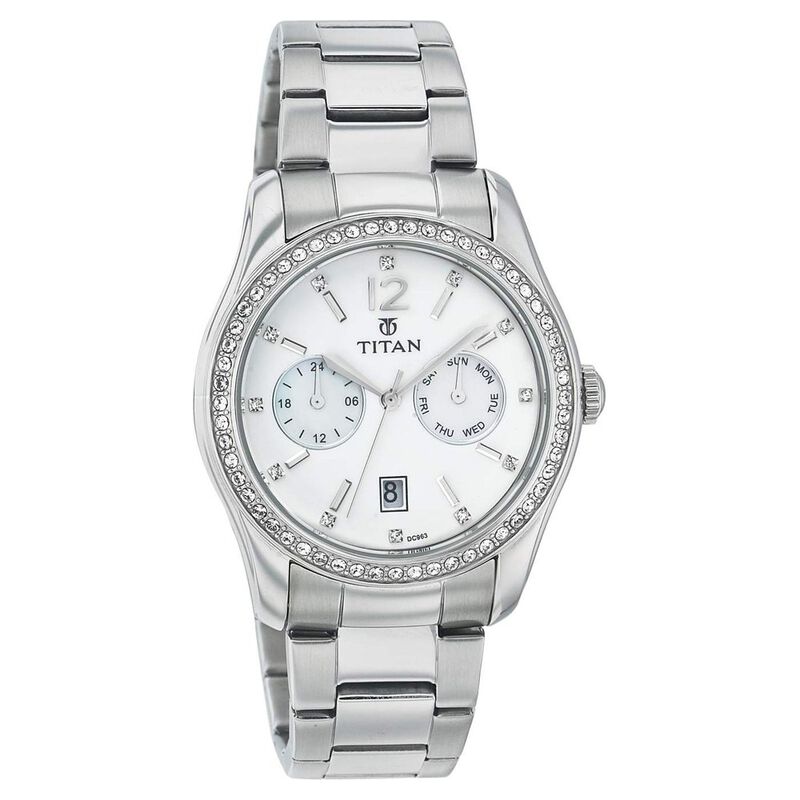 Titan Quartz Analog White Dial Stainless Steel Strap Watch for Women