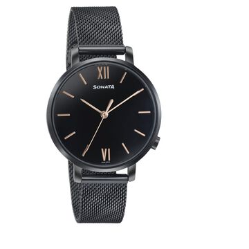 Sonata Elegent Essentials Quartz Analog Black Dial Stainless Steel Strap Watch For Women
