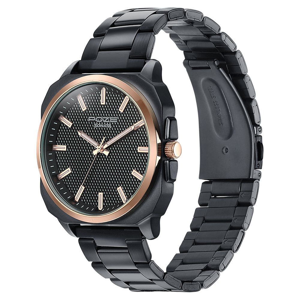 Buy Online Sonata Poze Quartz Analog Black Dial Black Metal Strap