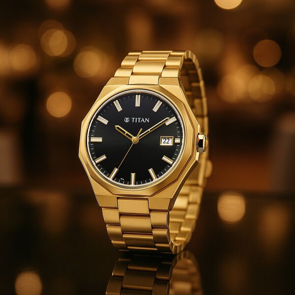 Titan Regalia Dodecagon Quartz Analog with Date Black Dial Golden Stainless Steel Strap Watch For Men - image number 0